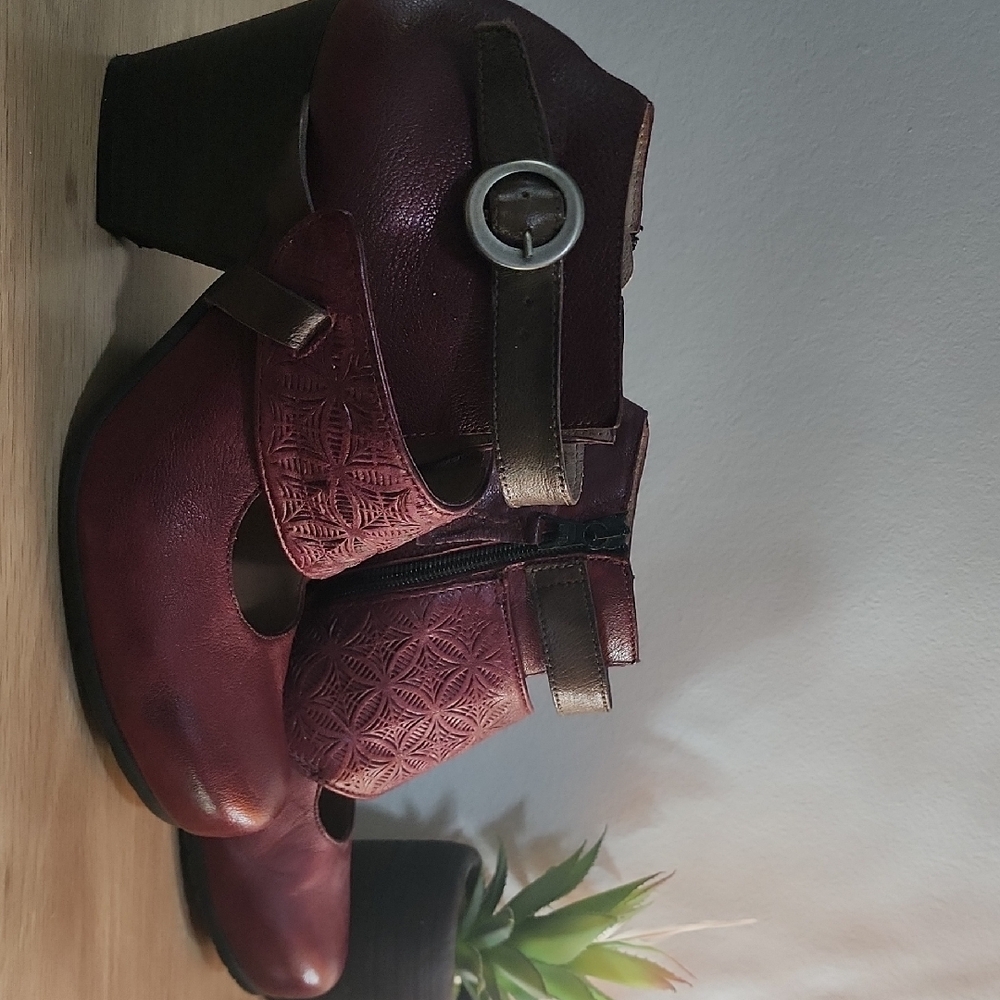 Burgundy Platform Ankle Boots with Buckle